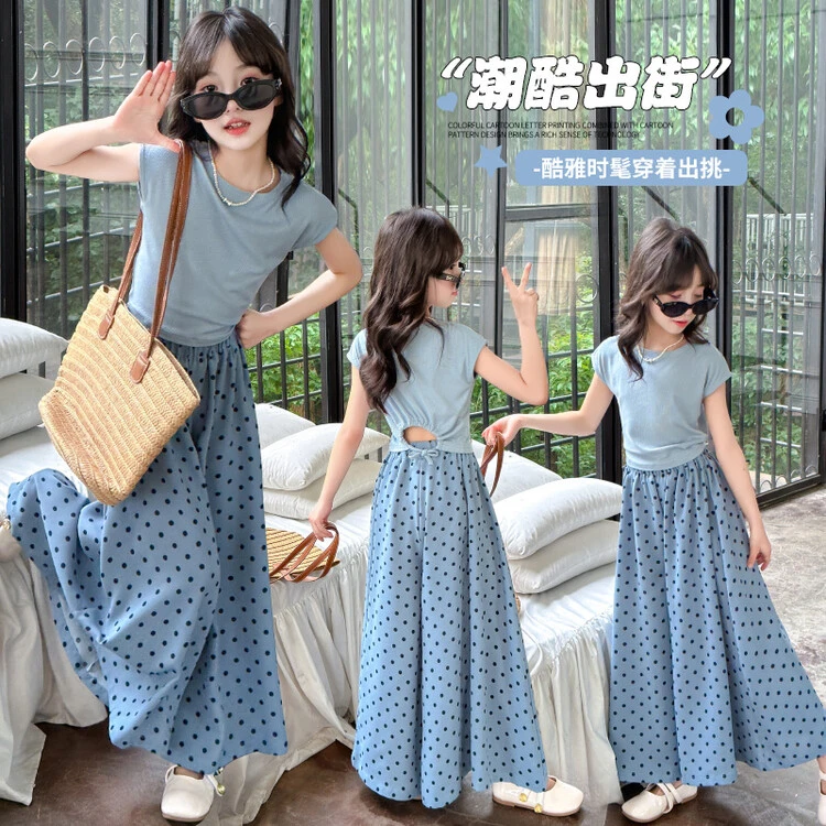 女童装夏季时髦炸街t套装中大儿童女孩波点阔腿裙裤个性T恤两件套