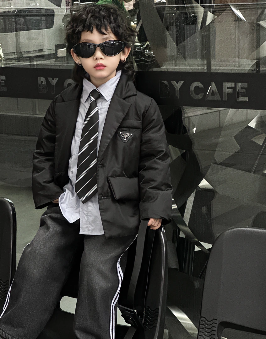 【默默】男童黑色羽绒时尚风衣外套上衣百搭宽松潮流韩版港风中性风