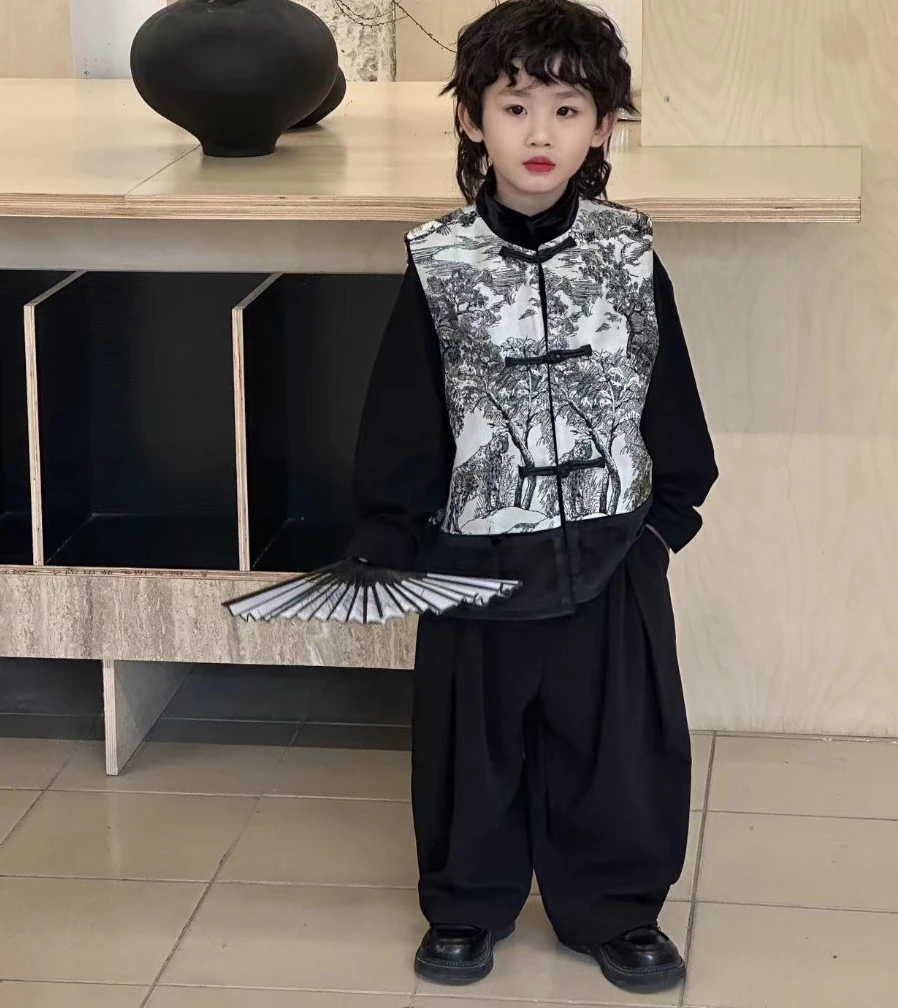 新春款儿童上衣马甲中国风时尚国潮印花复古无袖外套23968