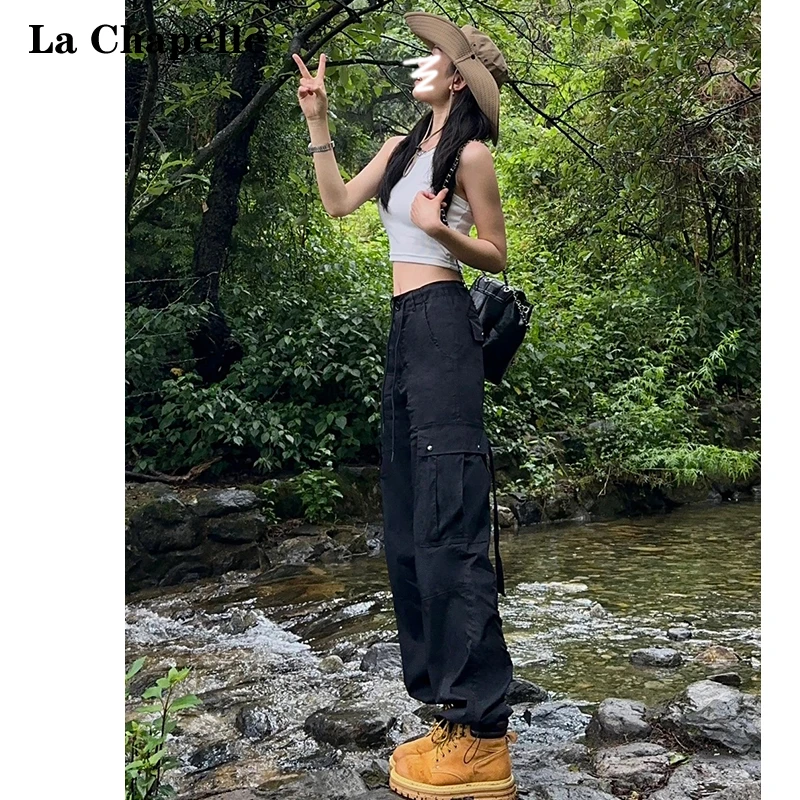 La Chapelle/拉夏贝尔黑色降落伞工装裤女2025夏季户外登山阔腿裤