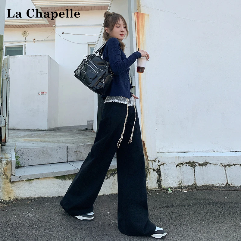 拉夏贝尔蕾丝拼接黑色百搭直筒休闲裤女秋冬新款抽绳腰带拖地长裤