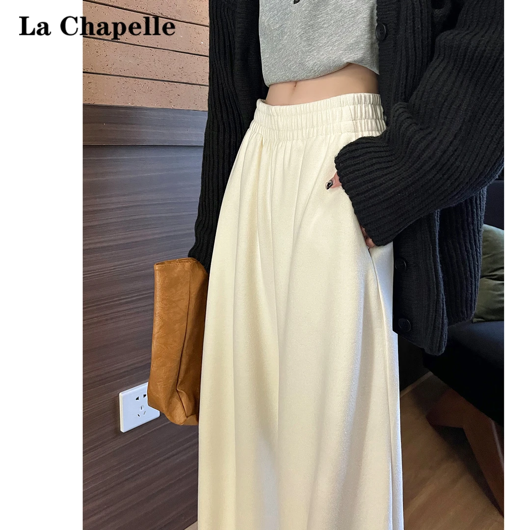 拉夏贝尔白色垂感香蕉裤女秋冬2024新款高腰加绒休闲加厚阔腿裤子