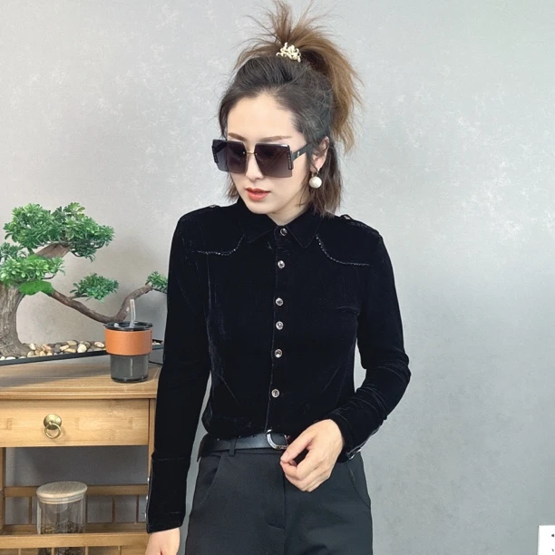 《格宝推荐》8100新款钻石绒显瘦洋气减龄衬衣衬衫气质长袖黑色复古