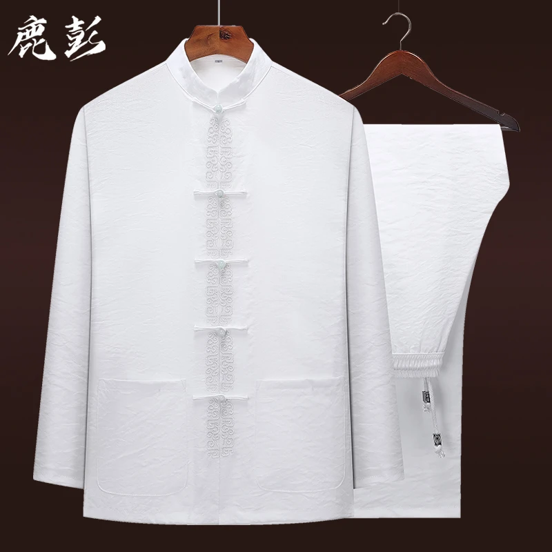 重工棉麻高端唐装男中老年中国风夏季薄款长袖套装新中式老人衣服