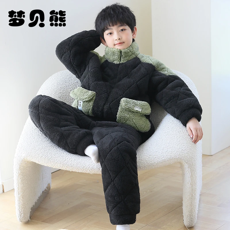梦贝熊男童睡衣冬季珊瑚绒三层夹棉中大童男孩法兰绒儿童家居服