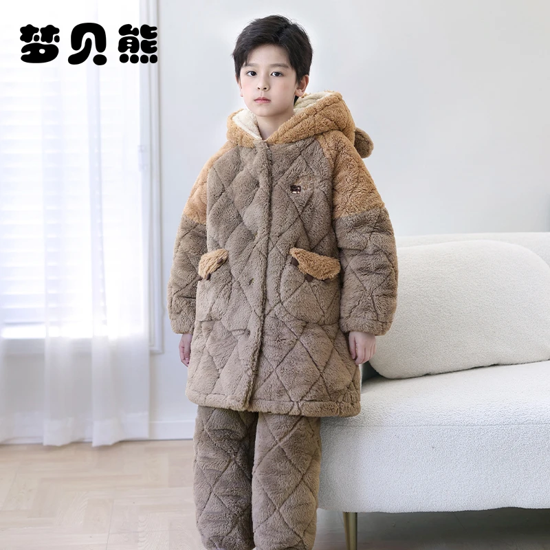 梦贝熊男童睡衣法兰绒冬季三层夹棉加厚男孩珊瑚绒儿童连帽加长款
