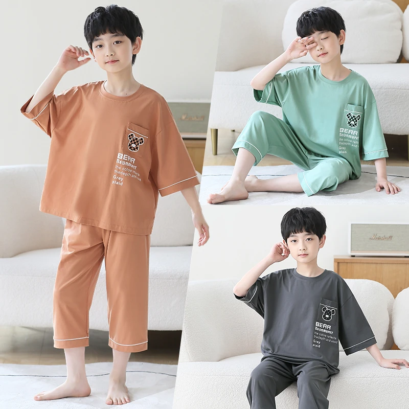 新款2025夏季儿童睡衣男童纯棉短袖七分裤男孩夏天全棉薄款家居服