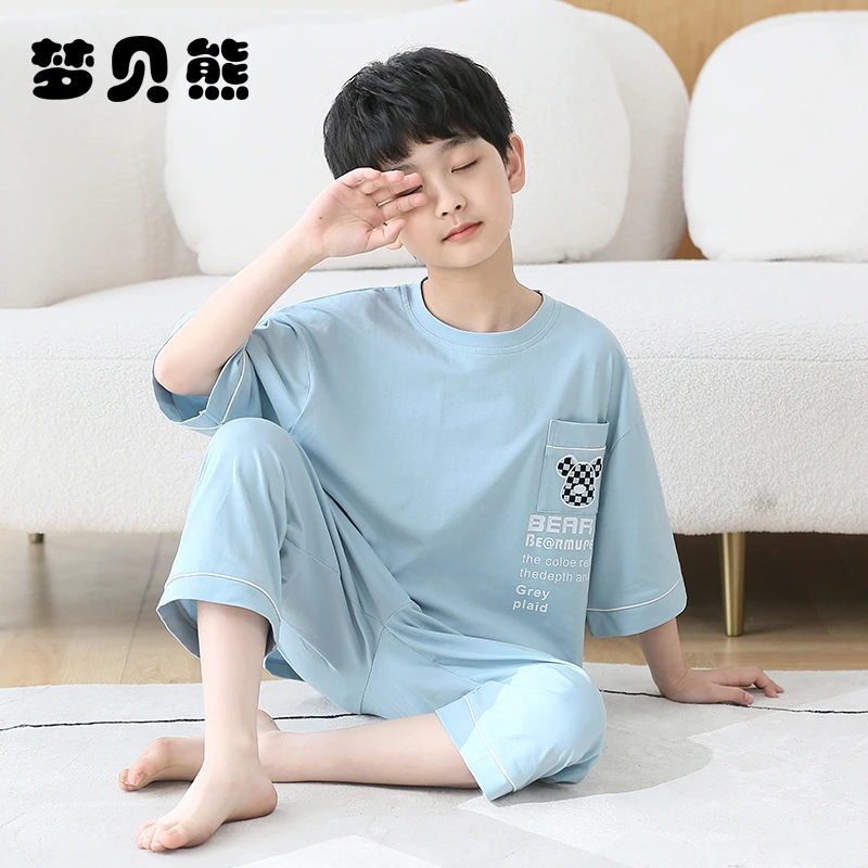梦贝熊2024款儿童睡衣男童夏季纯棉短袖七分裤男孩夏天薄款家居服
