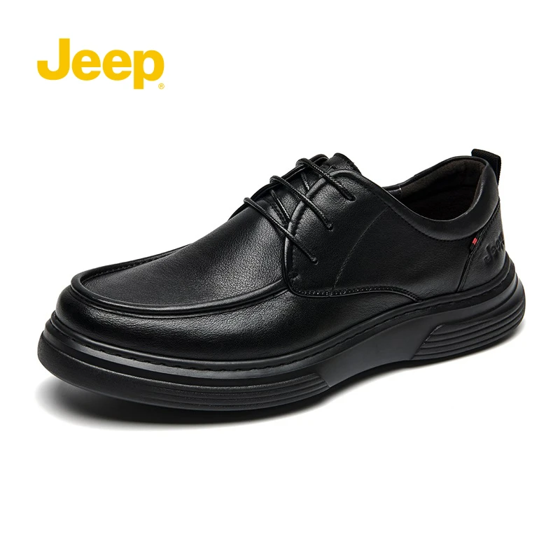 Jeep吉普男鞋官方正品休闲皮鞋英伦潮流百搭软底黑色布洛克商务鞋