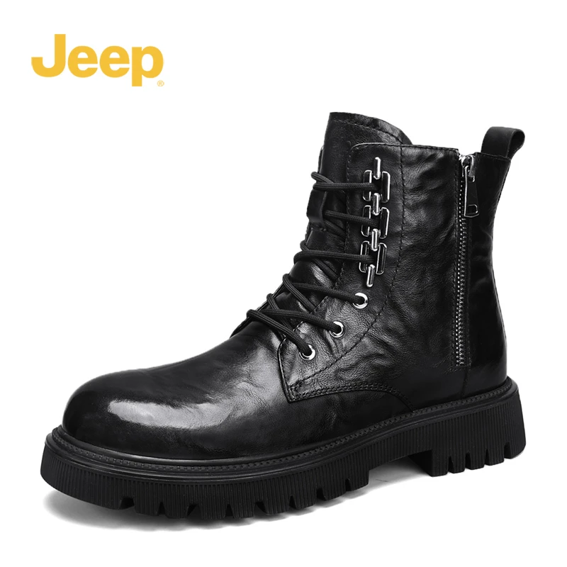 Jeep吉普男鞋官方正品真皮黑色马丁靴百搭秋季户外潮流高帮工装靴