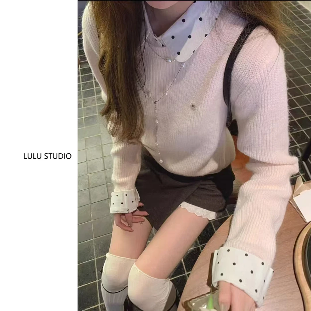 清清 【V3鹿鹿】韩系冬季设计感显瘦高级拼接假两件毛针织衫 V30158