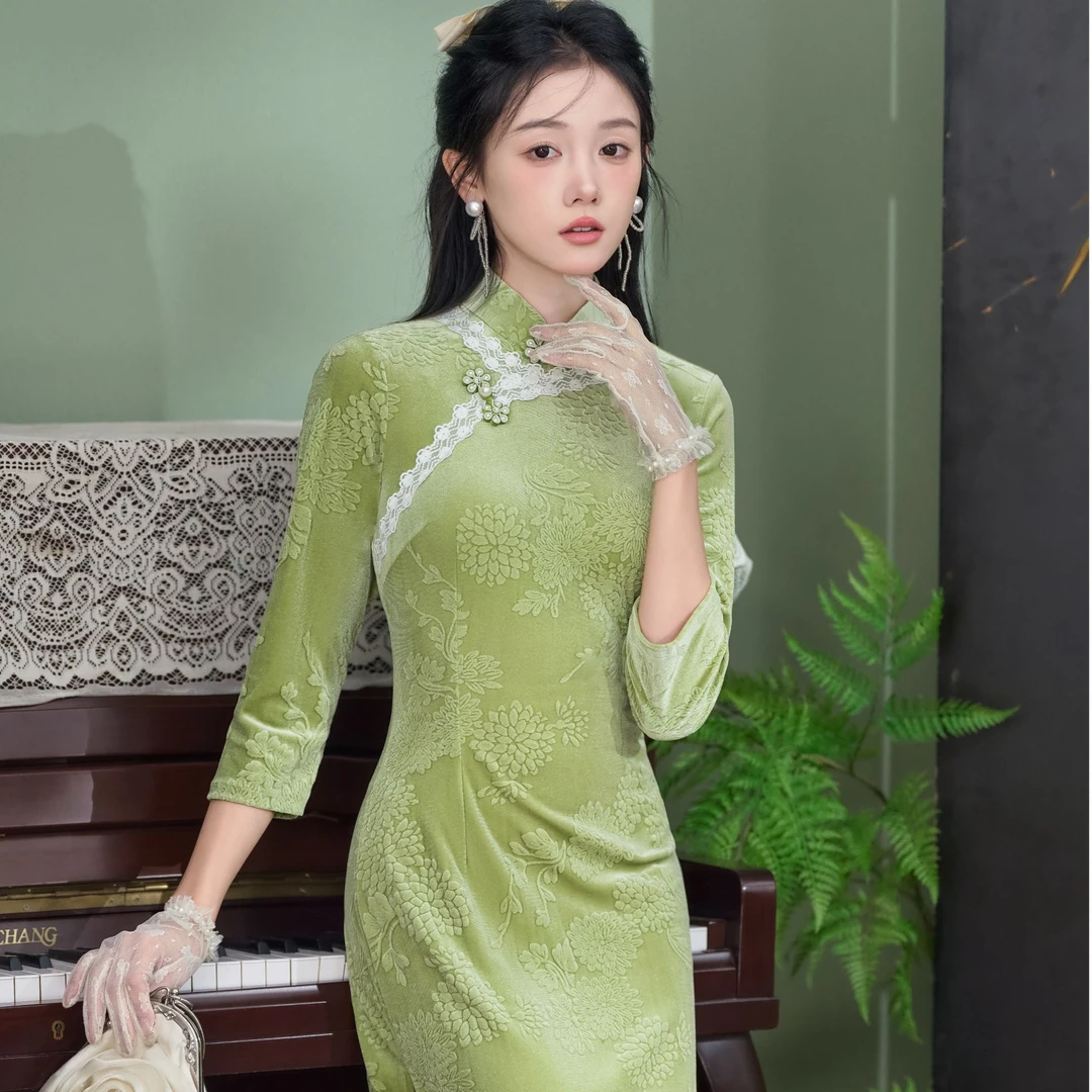 【花想容】中国风复古新中式绿色清新素雅提花改良旗袍HH 1070