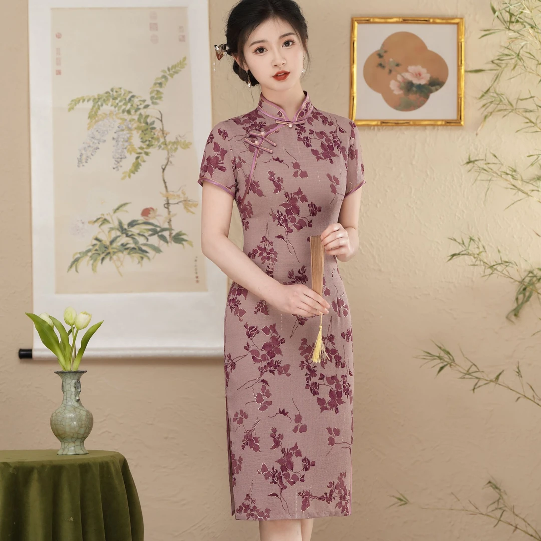 【画眉黛】夏季时尚气质中式印花双层少女中长款日常生活旗袍D