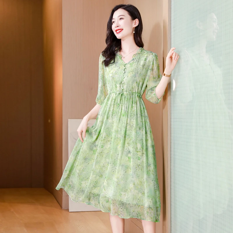 柏菲妮时尚真丝桑蚕丝连衣裙女装2024年夏装爆款高端气质碎花裙子
