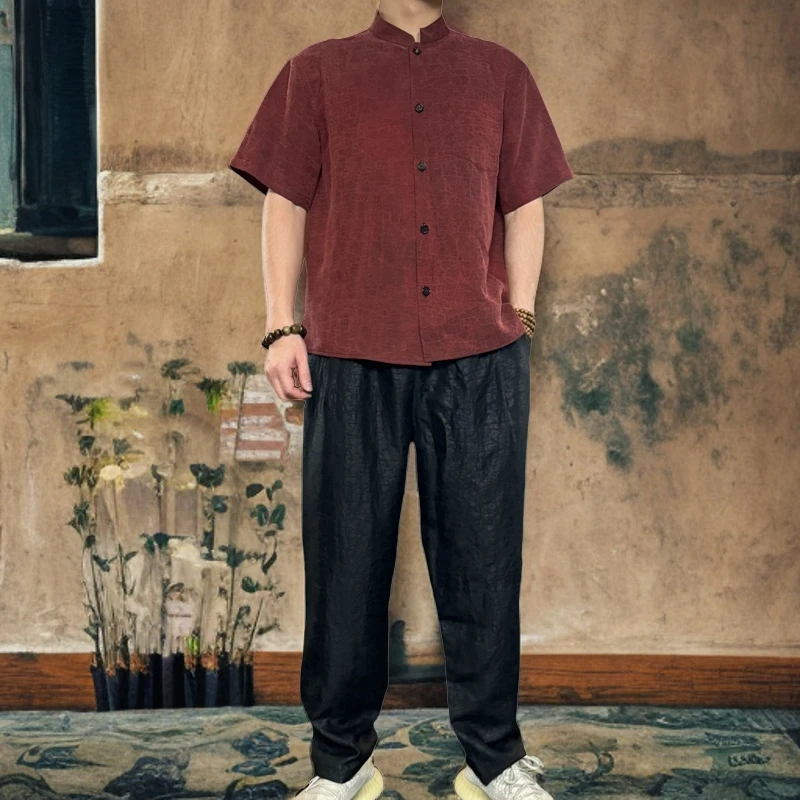 套装红龟100桑蚕丝复古男装薄款宽松国风夏季立领衬衫中式裤子