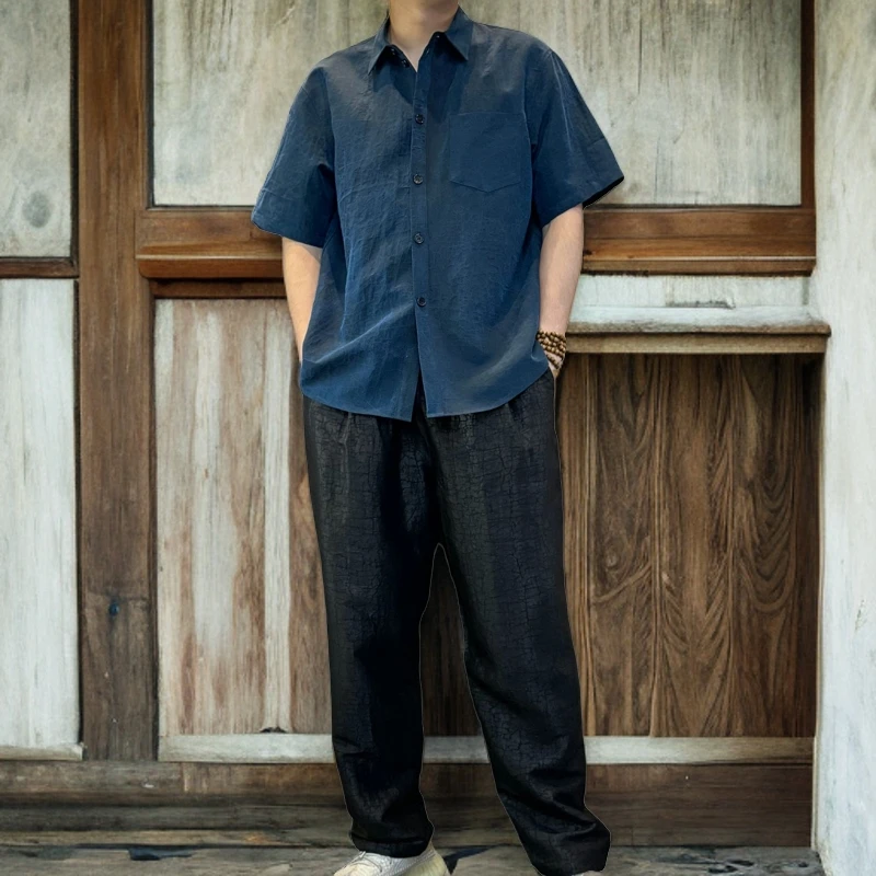 【千江月】套装香云纱蓝龟100桑蚕丝男士薄款宽松国风夏季翻领衬衫