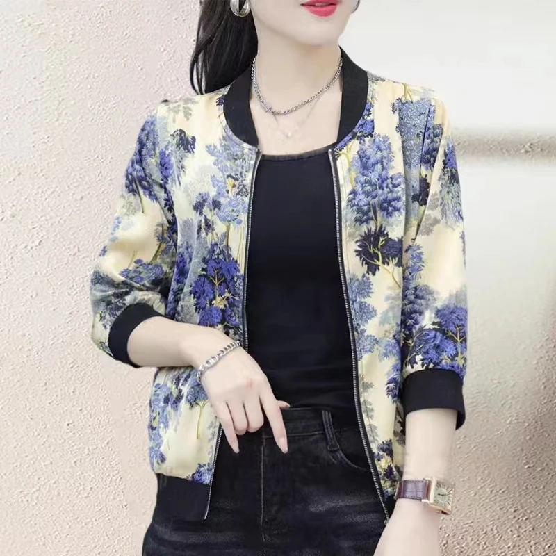 2023春夏新款休闲透气印花长袖宽松v领棒球服外套轻薄防晒女装