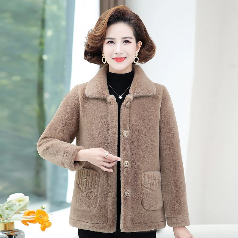 中年妈妈装时尚百搭显瘦毛毛绒秋冬款加厚一体复合外套【8630】