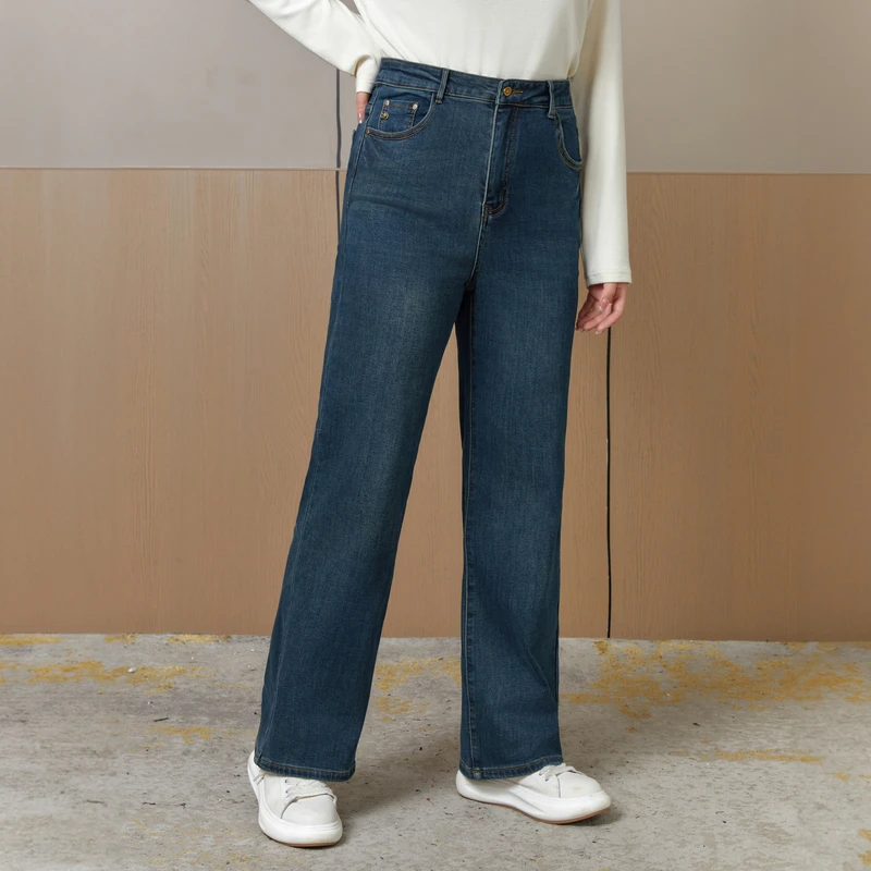 【宽松直筒】E纤莉秀大码女装胖mm复古高腰裤子遮胯牛仔裤QI5793