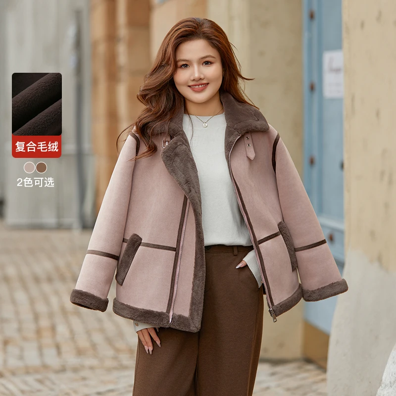 【毛绒皮毛一体】E纤莉秀冬大码女装胖mm加厚保暖复古外套QI4497