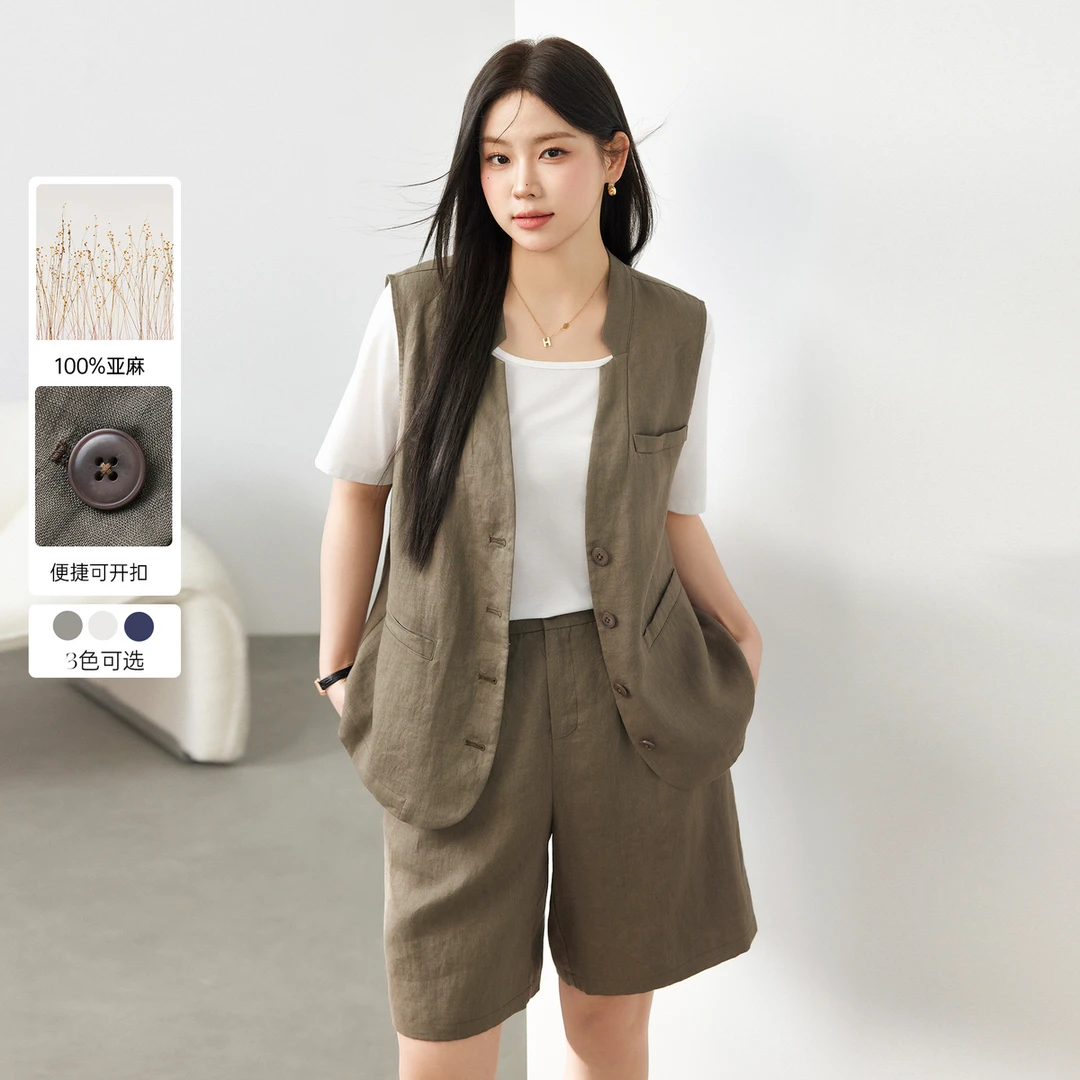 【琥珀流光复古亚麻马甲】纤莉秀E大码女装时髦高级感通勤QJ2486