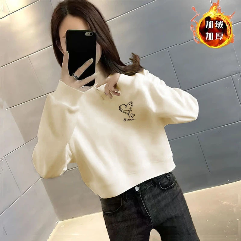 春秋冬季新款简约印花小众加绒加厚外套女设计感高腰休闲短款卫衣