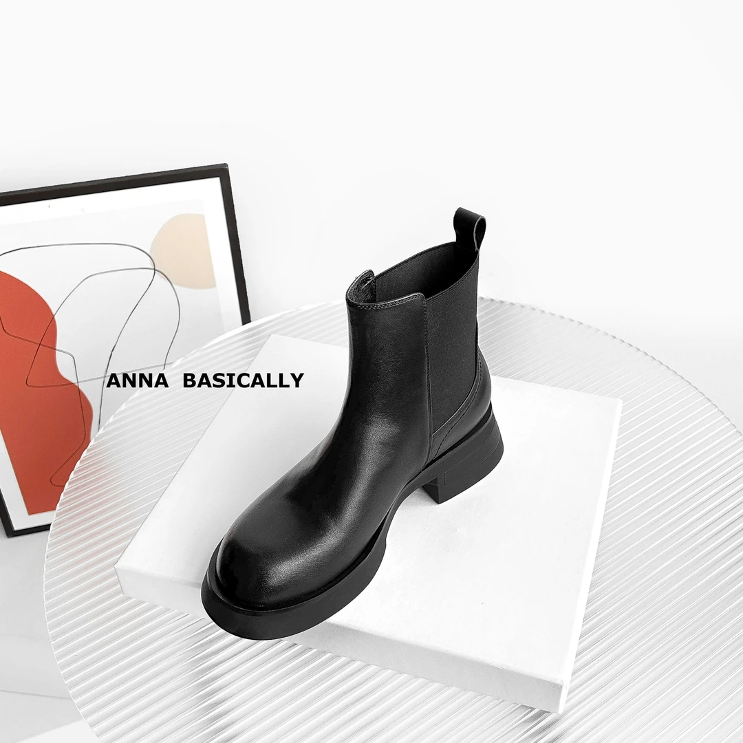 现货】FC1652/牛皮切尔西靴女厚底显瘦增高短筒女靴圆头短靴