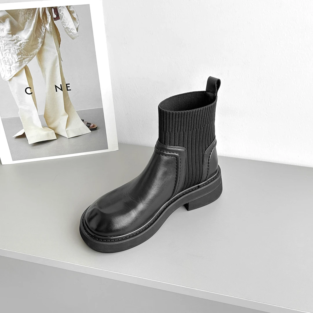 现货】4cm/FA1523牛皮拼接弹力袜靴女真皮短靴黑色英伦风圆头短靴