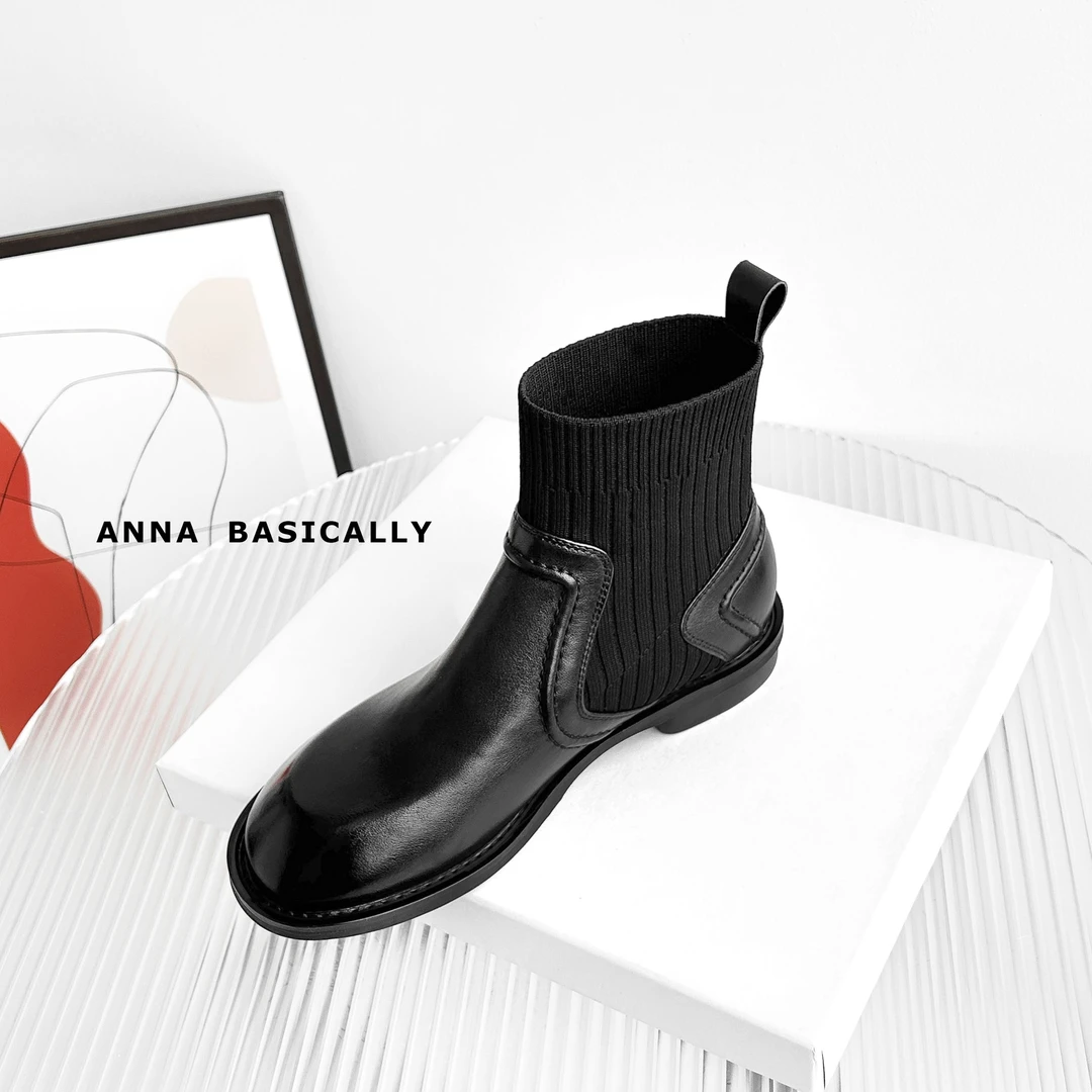 现货】3cm/FA1519牛皮平跟短靴女秋冬百搭弹力袜靴时尚真皮女靴
