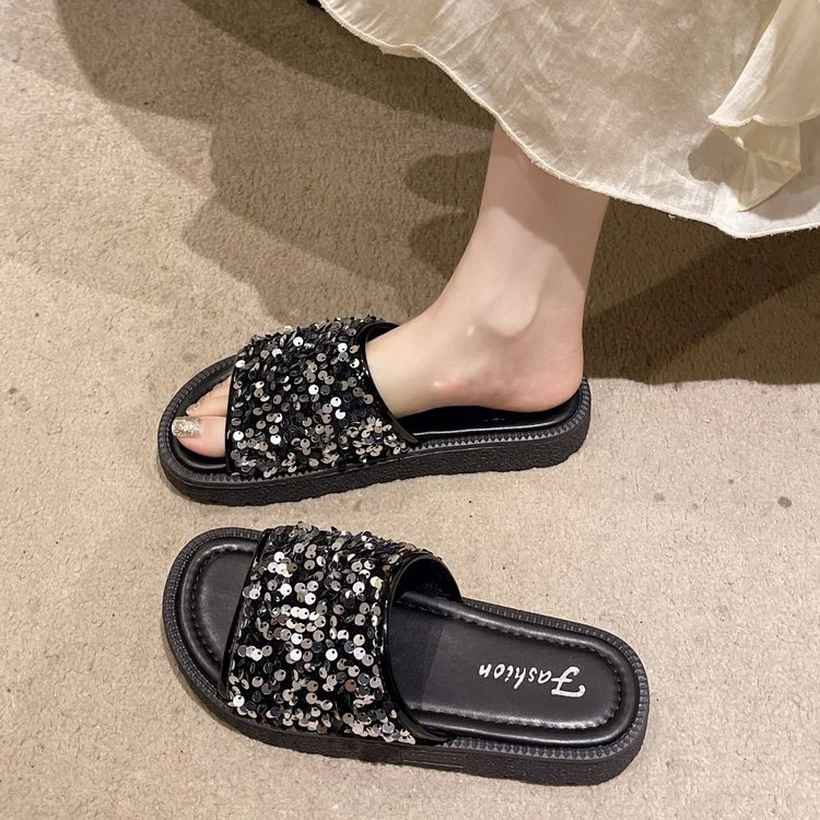 大码女鞋41一43亮片一字拖鞋女2024新款夏季外穿厚底配裙子凉拖鞋