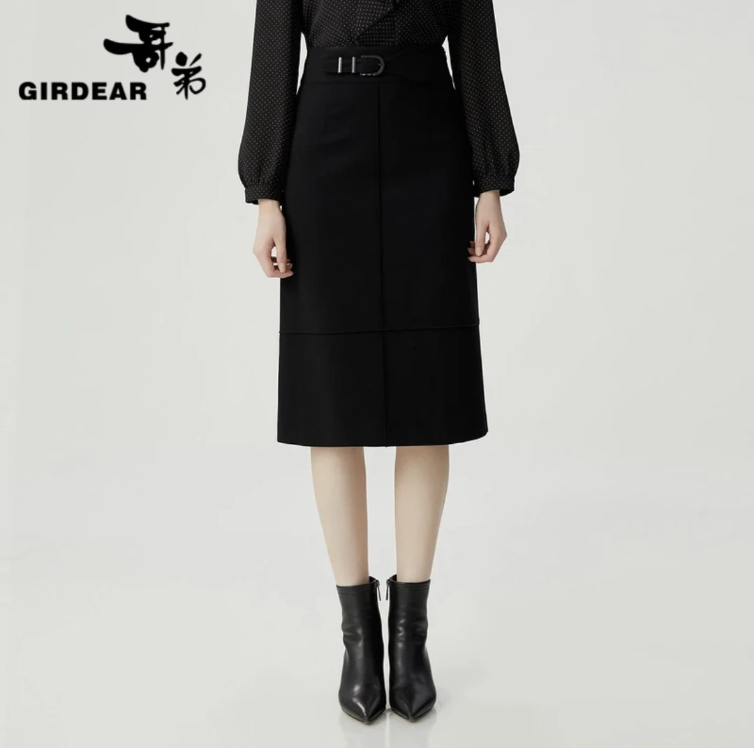 哥弟/GIRDEAR 气质百搭简约显瘦高腰直筒半身中裙120034