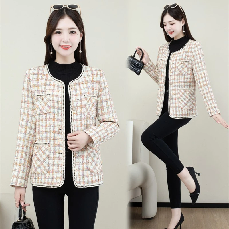 秋季时尚短款外套百搭小香风外套格纹洋气格子粗花呢时尚妈妈装