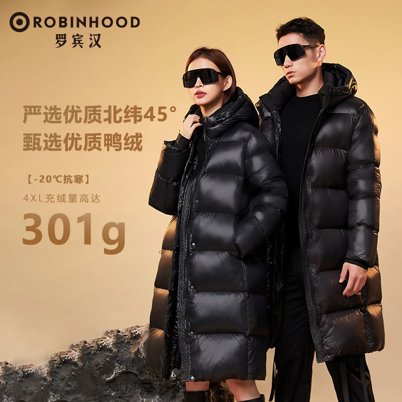 ROBINHOOD/罗宾汉黑金绒服长款情侣羽绒服鸭绒男女同款R033Y6083