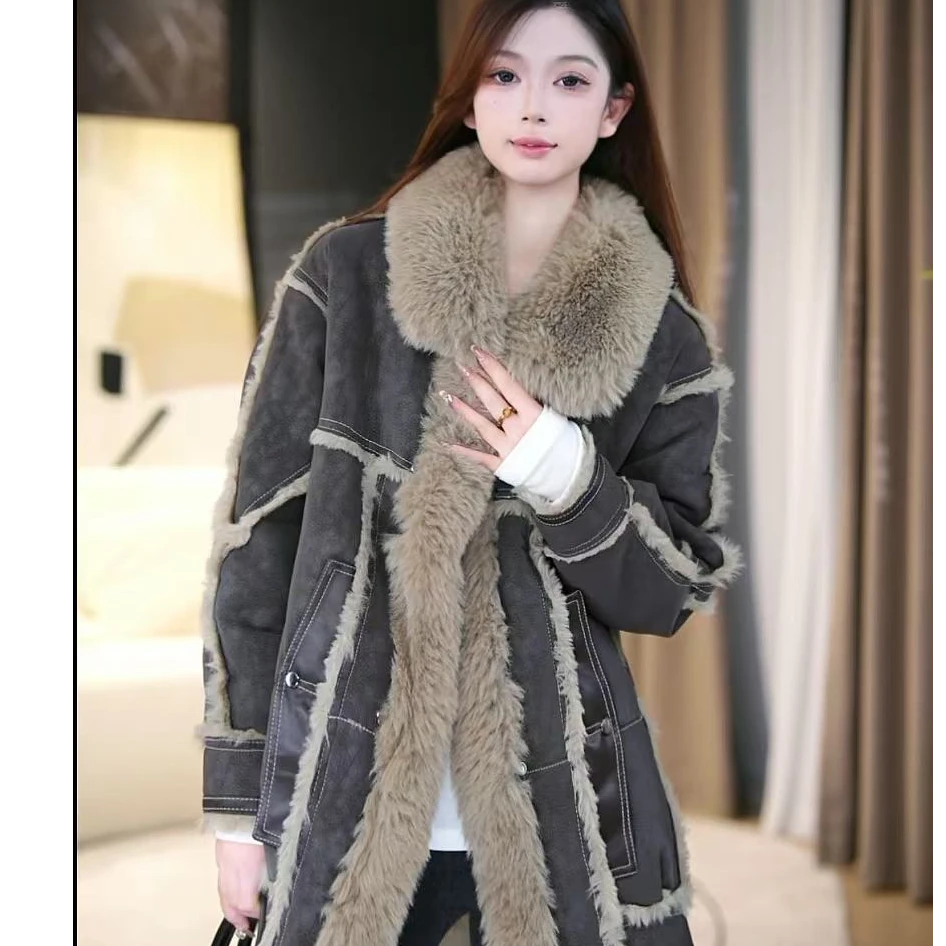 爆款时尚皮毛一体中长外套女冬装高级感加厚大衣秋冬