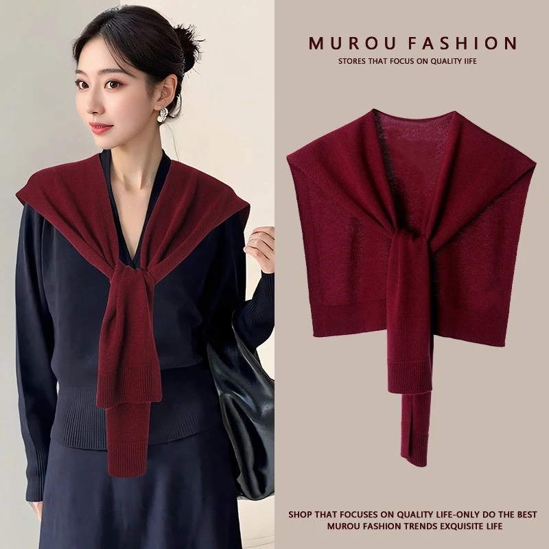 安可拉红高端时尚韩版网红春秋百搭交叉外搭纯色含羊毛针织披肩女