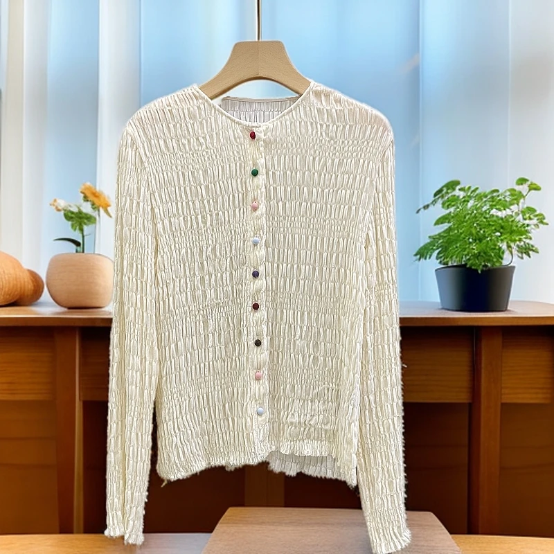 君姐推荐！【七彩扣】百搭气质桑蚕丝真丝绒压皱上衣