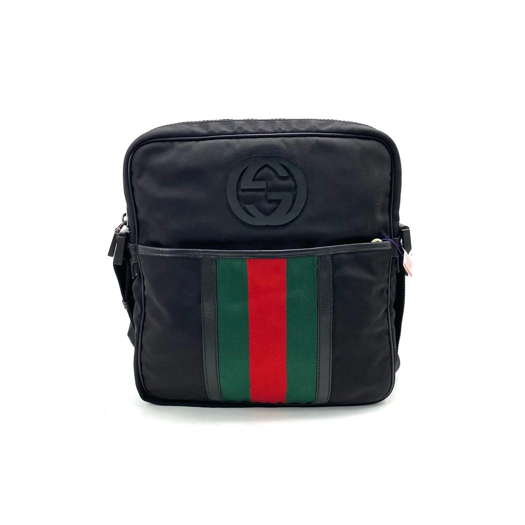 95新 GUCCI/古驰 98新 黑色帆布双G斜挎包 尺寸28/30休闲经典红绿