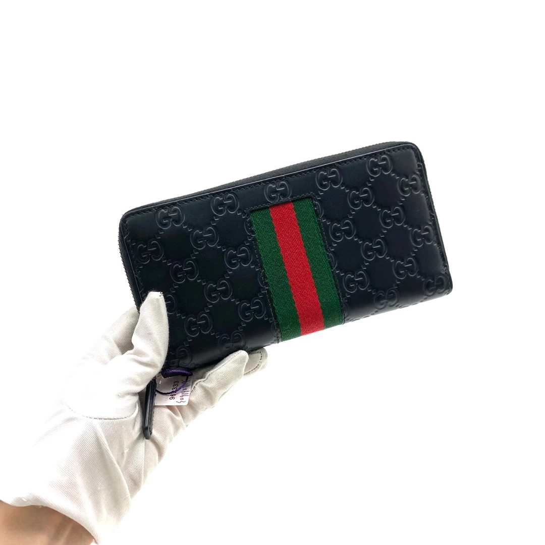 99新 GUCCI/古驰 黑色全皮压花拉链钱包 尺寸20/10男士压印奢侈