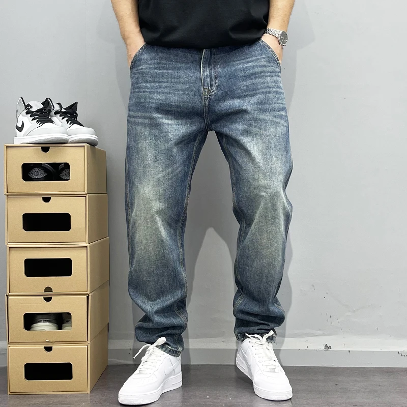 简约百搭复古做旧牛仔裤男直筒宽松大码高街风长裤潮2024春秋新款