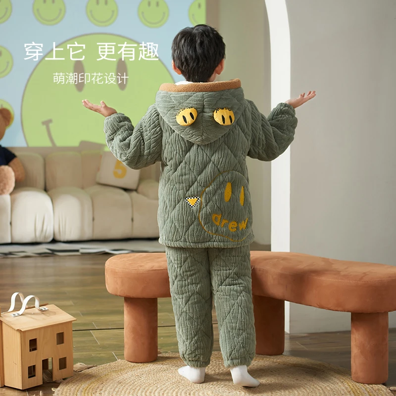 男童睡衣三层夹棉冬季法兰绒加厚保暖洋气亲子套装外出家居服5607