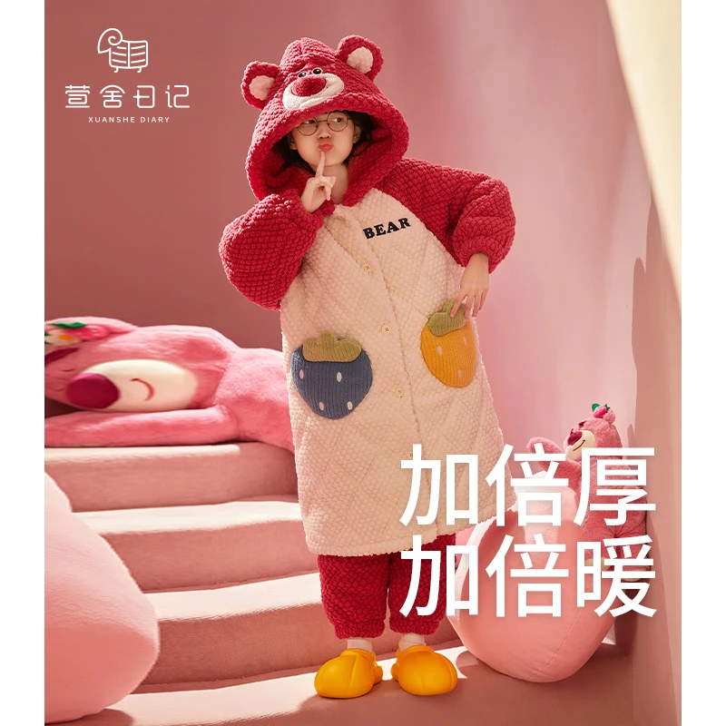 冬季女童睡袍三层夹棉加厚中长款套装保暖儿童睡衣外穿家居服4188