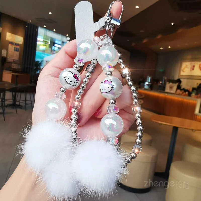 手机挂绳可爱猫毛球电镀珠双链女款手腕手机挂饰挂链卡条式手机绳