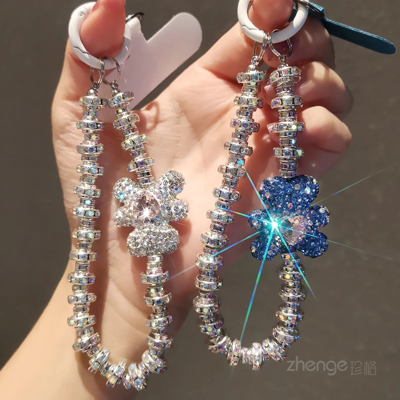 手机挂绳宽腕带短款手提水晶熊夹钻圈手机链挂饰女款手腕绳挂链