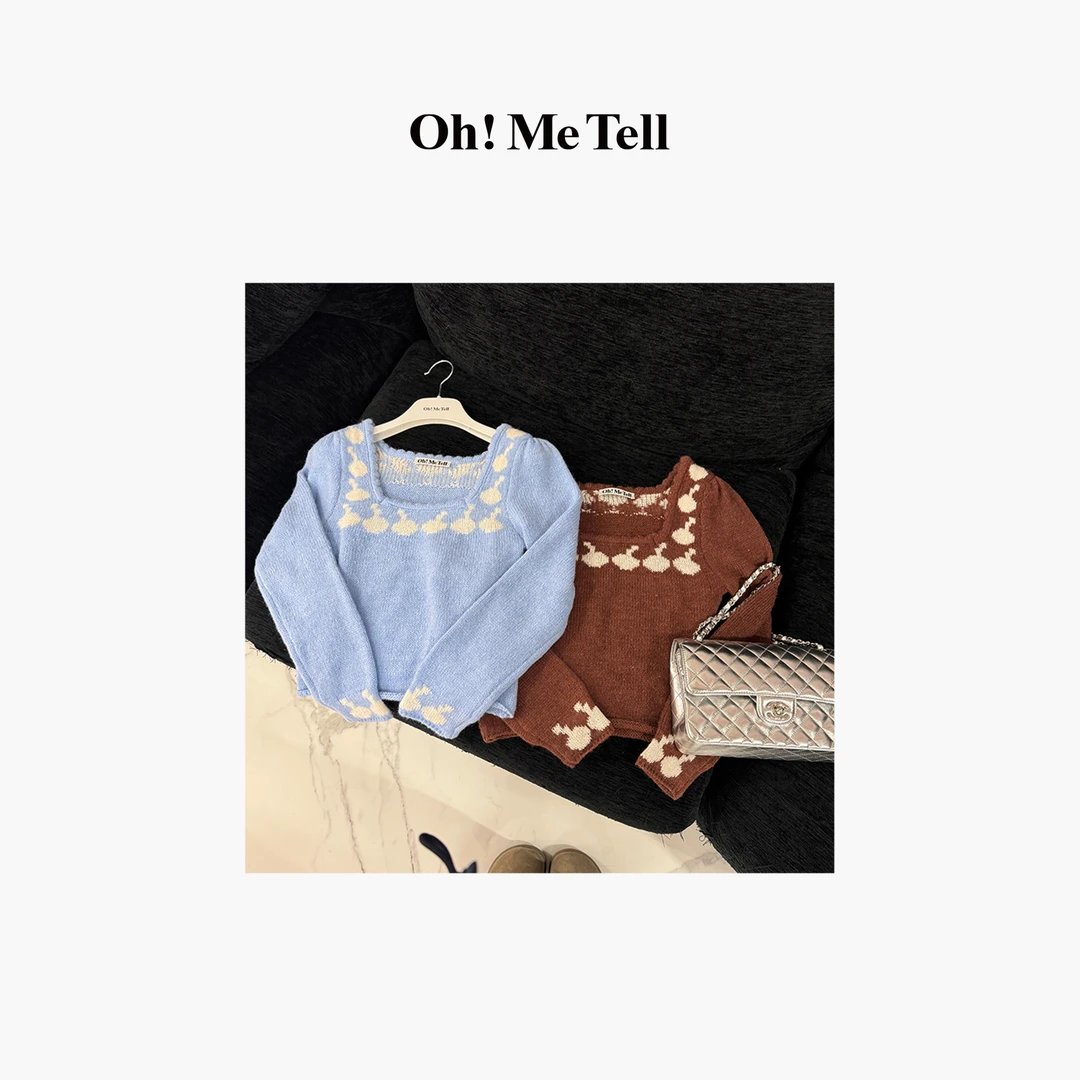 Oh！Me Tell 复古撞色提花方领毛衣针织衫