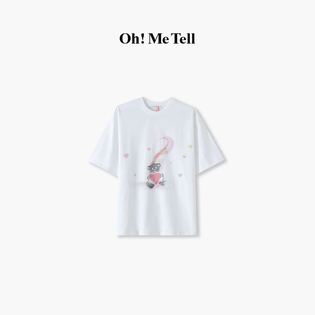 Oh! Me Tell【w 11同款】彩虹爱心小熊印花宽松短袖圆领T恤男女同款