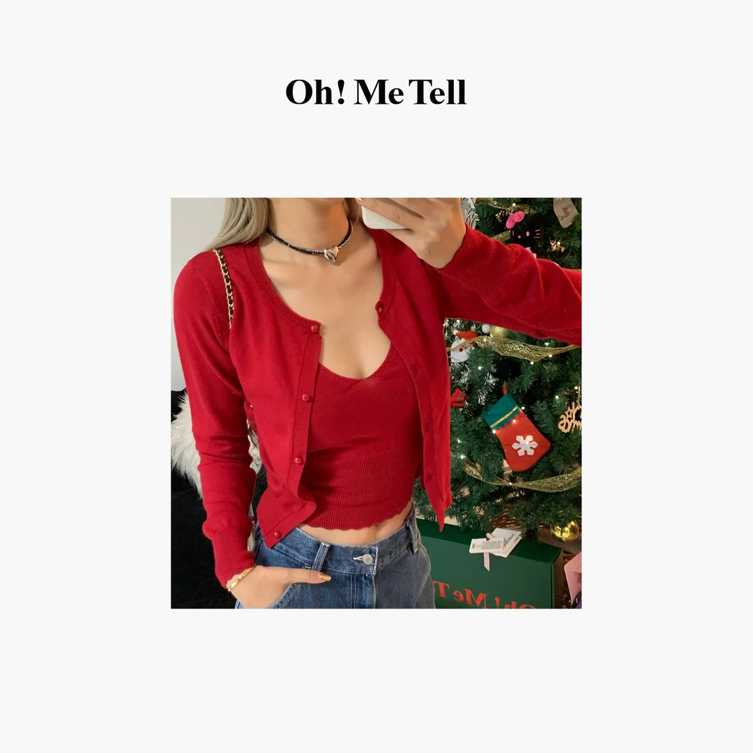 Oh!Me Tell【露思同款】显白红色长袖针织开衫+V领背心两件套女