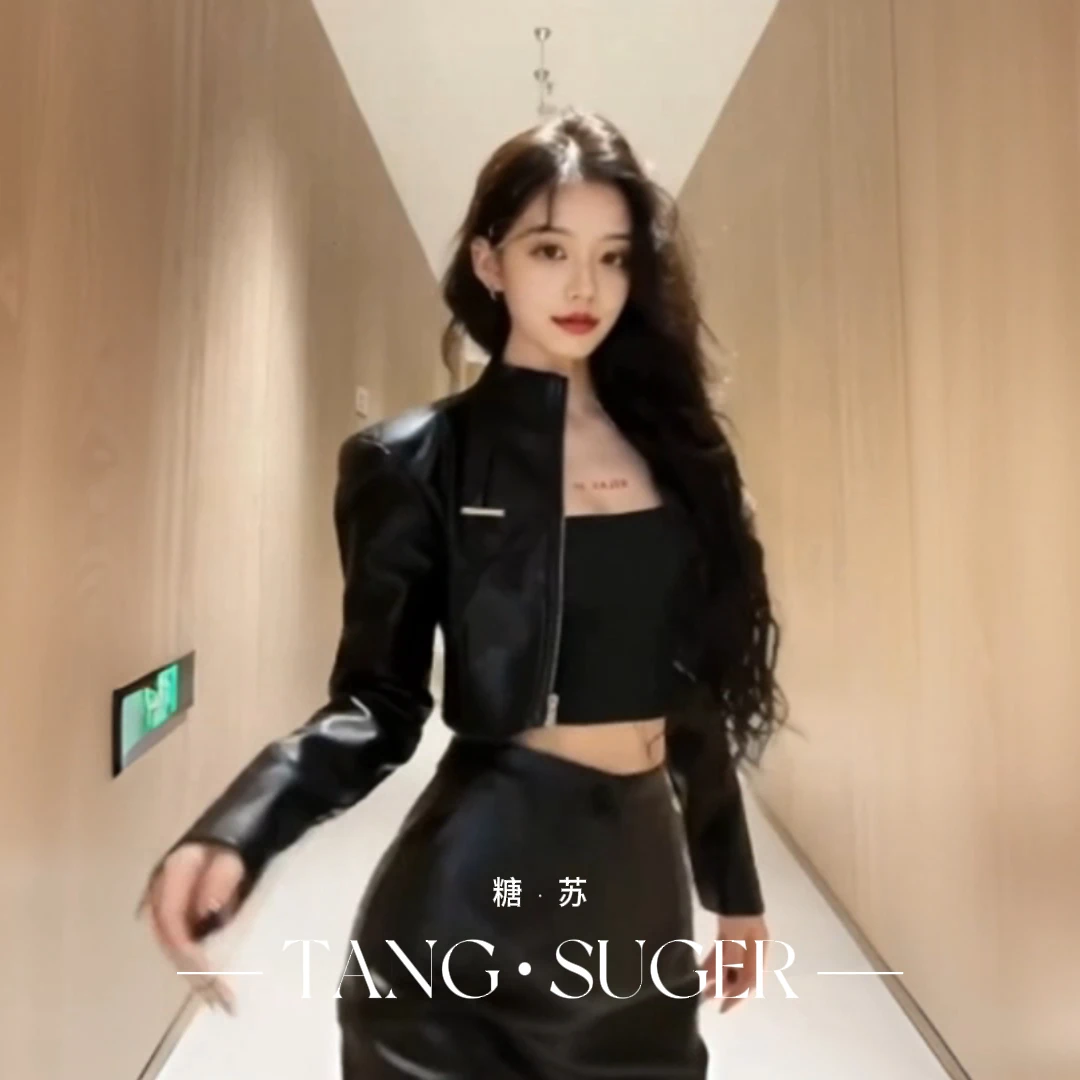 TANGSU糖苏 黑色拉链超短款皮衣外套女秋冬辣妹机车皮夹克短上衣
