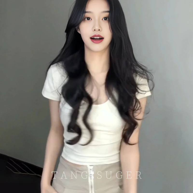 TANGSU糖苏 搭配皮衣 白色短款大圆领性感紧身内搭T恤女短袖|长袖