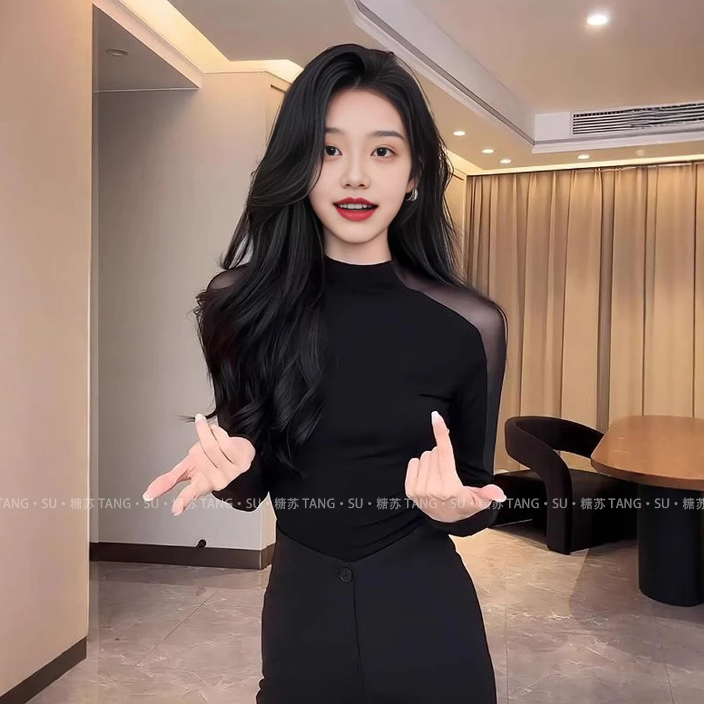 糖苏 搭配皮衣 内搭拼接打底衫长袖上衣女早秋季修身显瘦紧身小衫