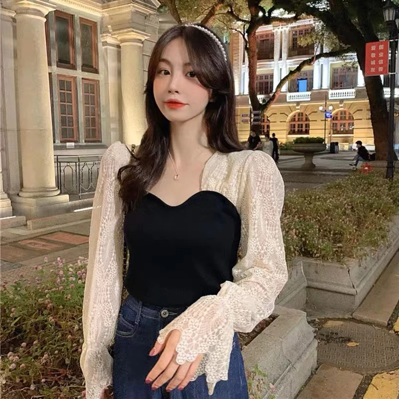 （窦窦家大码女装）芊芊淑女胖mm法式方领锁骨针织打底衫蕾丝上衣